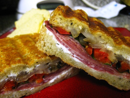 Italian Cold Cut, Roasted Pepper, Grilled Onion, Basil and Goat Cheese Panini